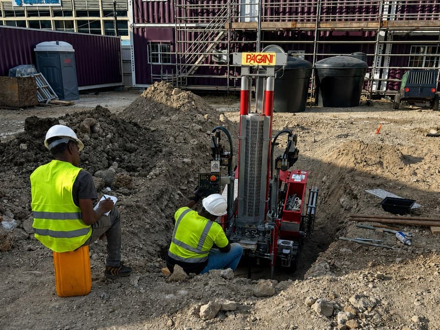 GID field technicians operating a CPTu rig in an excavated trench at the Saint Lucia Halls of Justice site
