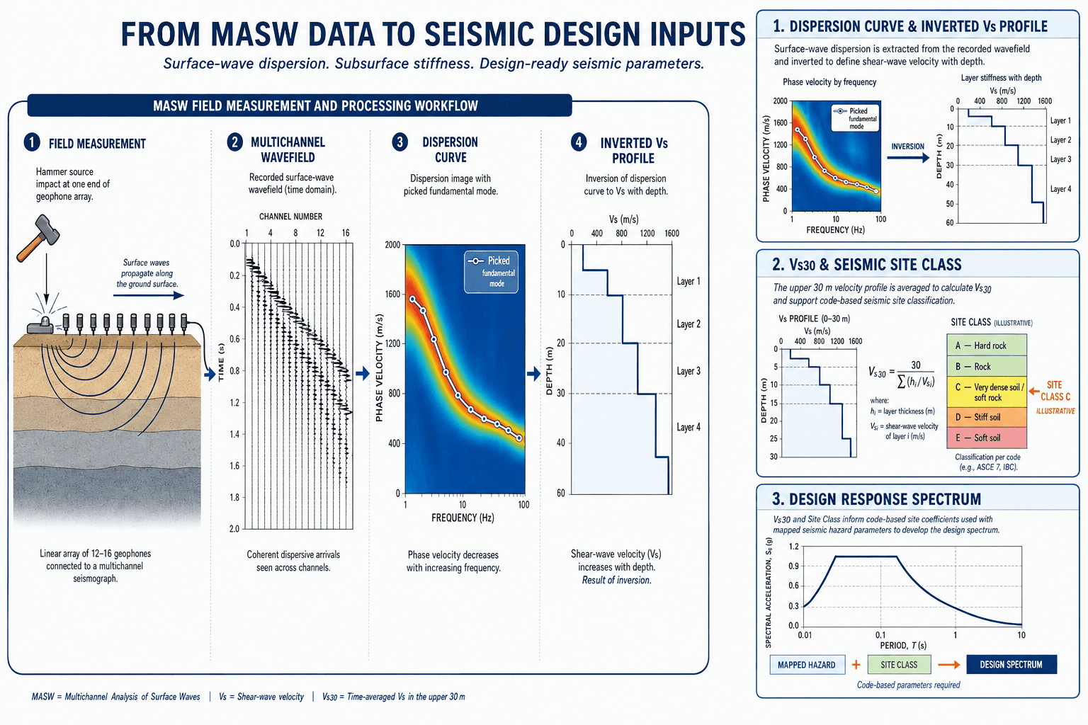 From MASW data to seismic design inputs: field measurement, dispersion curve inversion, Vs30 and Seismic Site Class determination, and design response spectrum development
