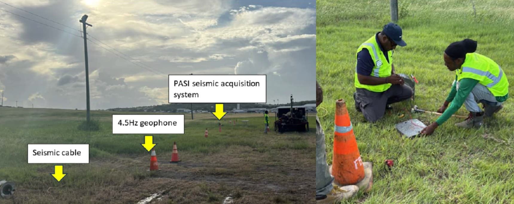 Combined MASW field setup showing the seismic cable, 4.5Hz geophones, and PASI seismic acquisition system deployed along a survey line